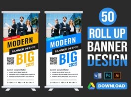 Roll up banner design PSD Template Free Download