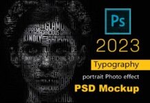 Typography portrait Photo effect PSD Mockup Free Download. Typography portrait Photo effect PSD Mockup Free Download