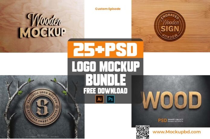 Wooden logo mockup PSD Free Download - CUSTOM EPISODE