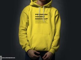 Handsome attractive european muscular man in Yello hoodie mockup